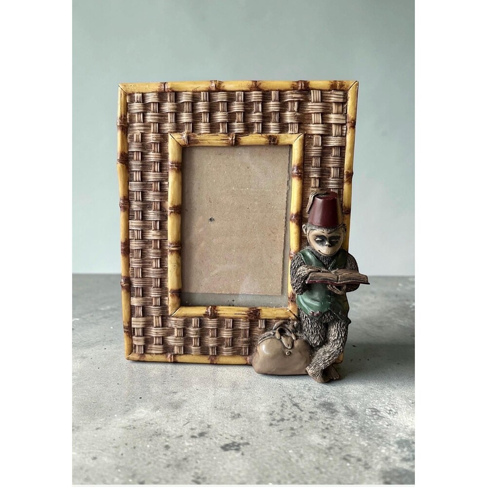 Vintage Faux Bamboo Monkey in a Fez Picture Photo Frame Tropical Chinoiserie